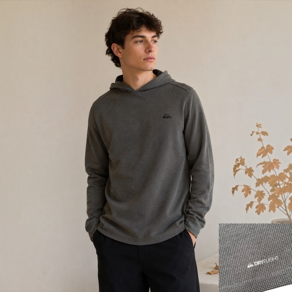 Quiksilver DryFlight Mens Waffle Knit Hoodie Gray Regular Fit Pullover S Outdoor